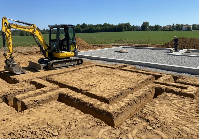 Fouilles de fondation et plateforme compactée sur un chantier de maison à Limoges