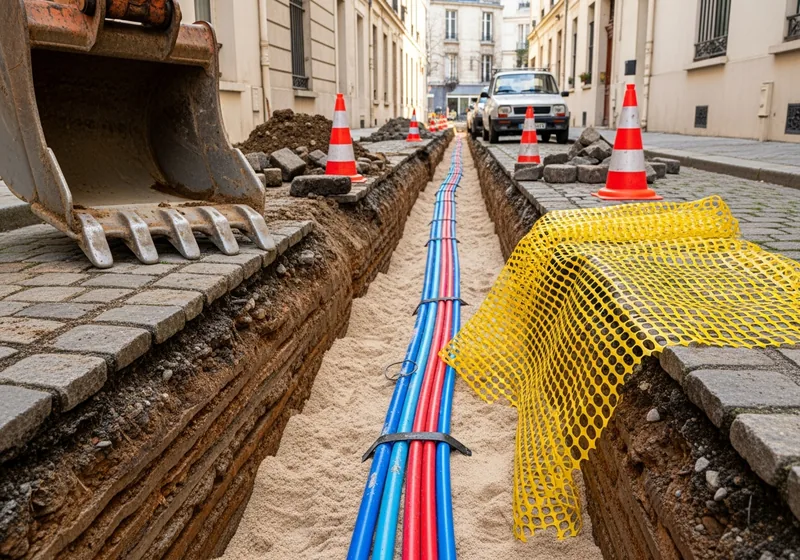 Tranchée de viabilisation avec gaines de réseaux sur un lotissement près de Limoges